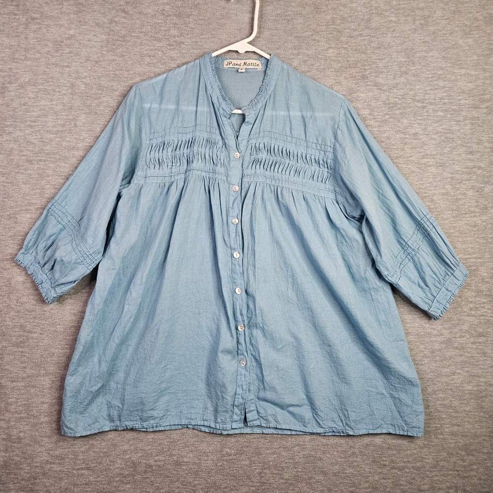 JP and Mattie Blue Cotton Gauze Pintuck Smocked Button Down Blouse Womens Sz S
